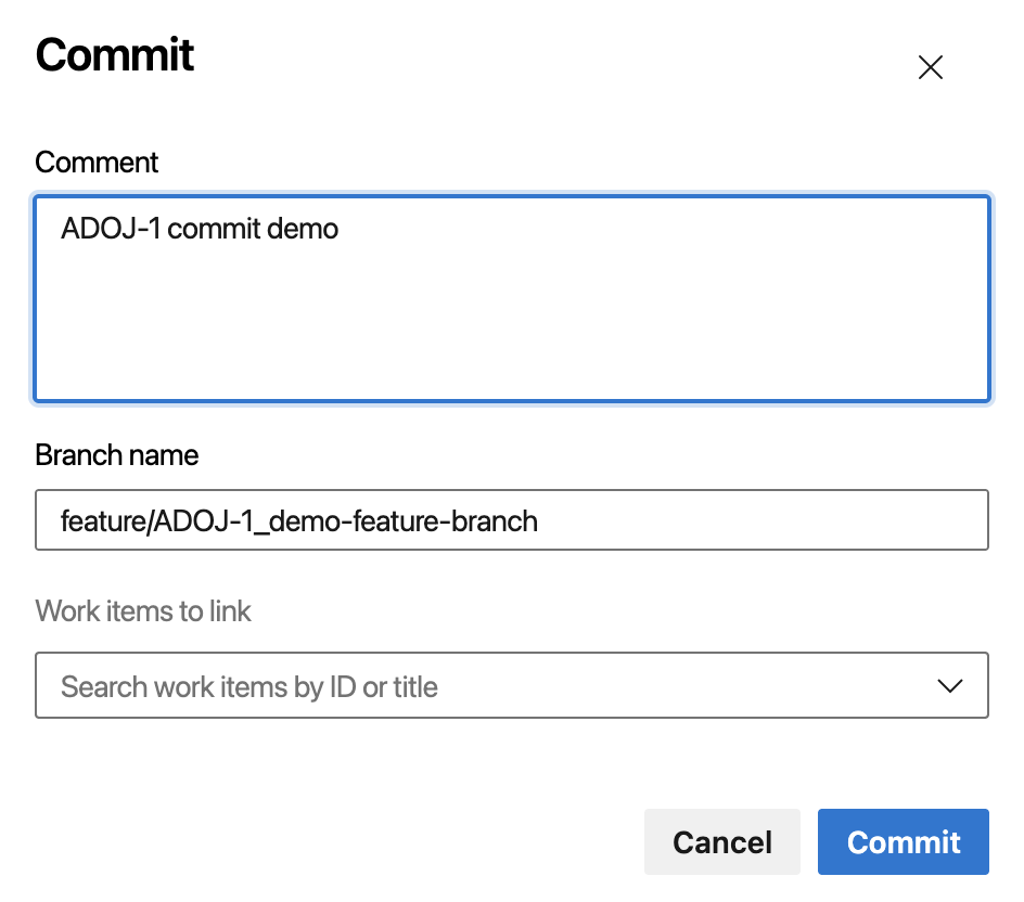 A Jira work item key included in an Azure DevOps commit message.