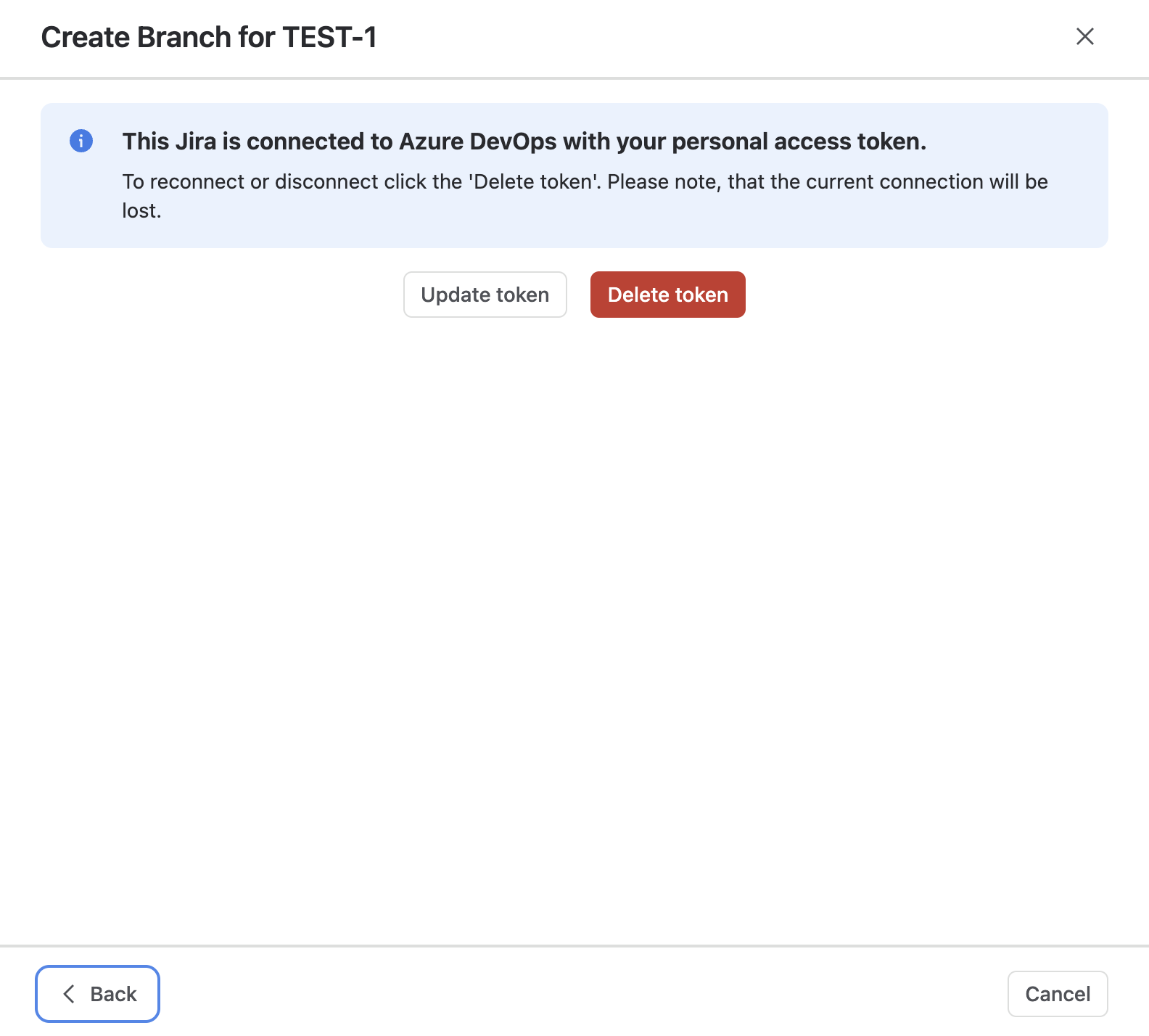 The Manage connection screen for an account connected with a Personal Access Token.