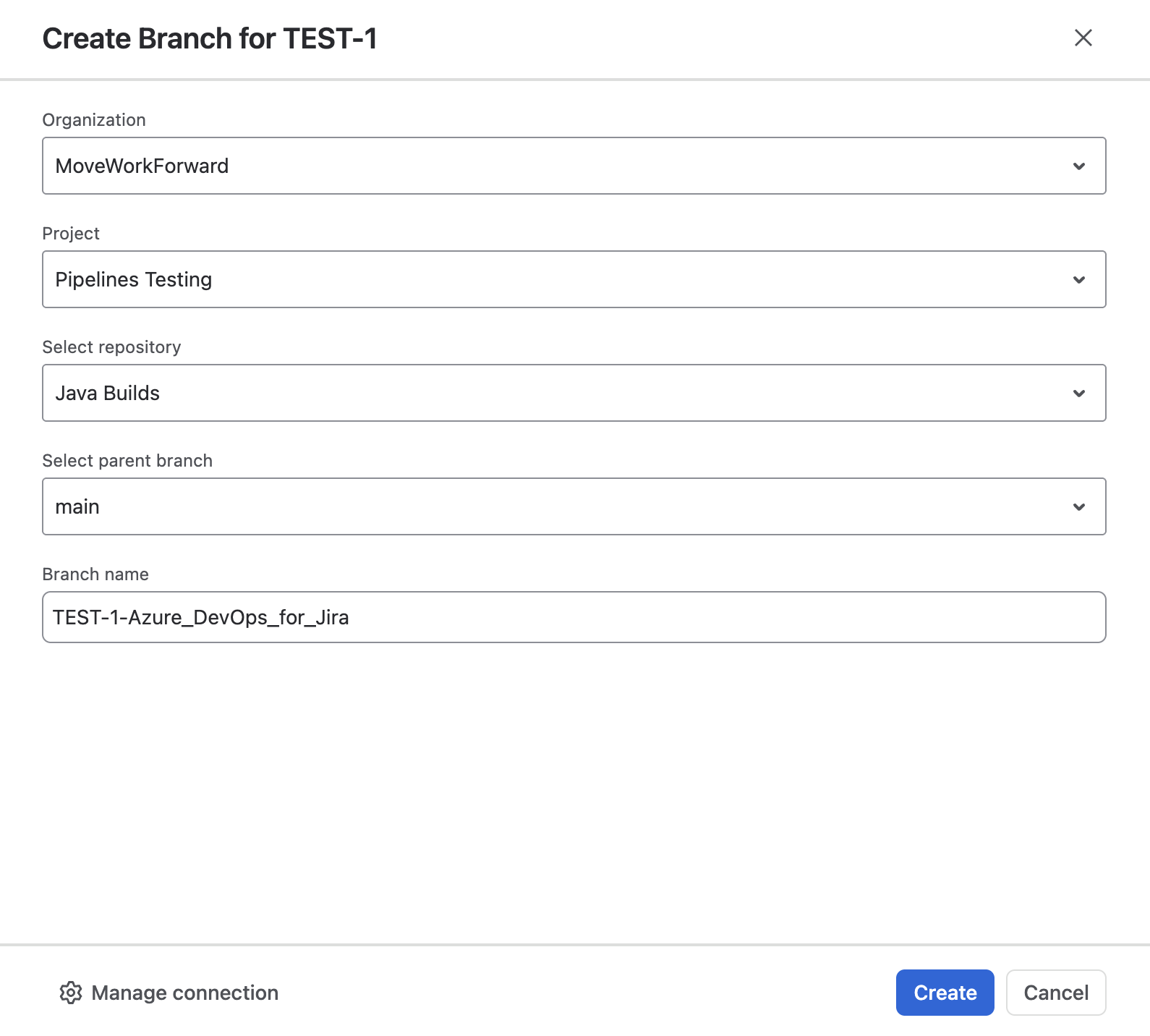  The Create Branch screen with every field filled in