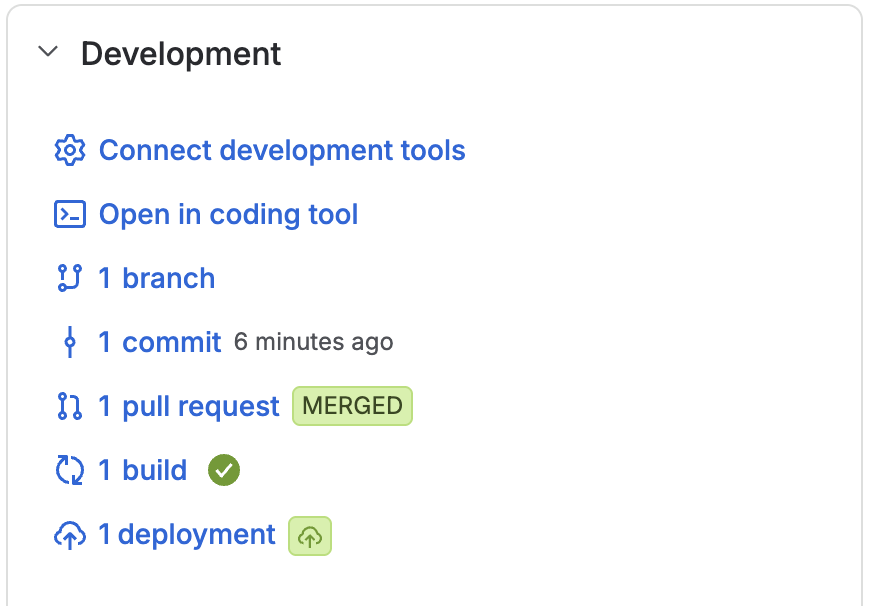 The Development panel displays Azure DevOps development activity associated with the Jira work item.