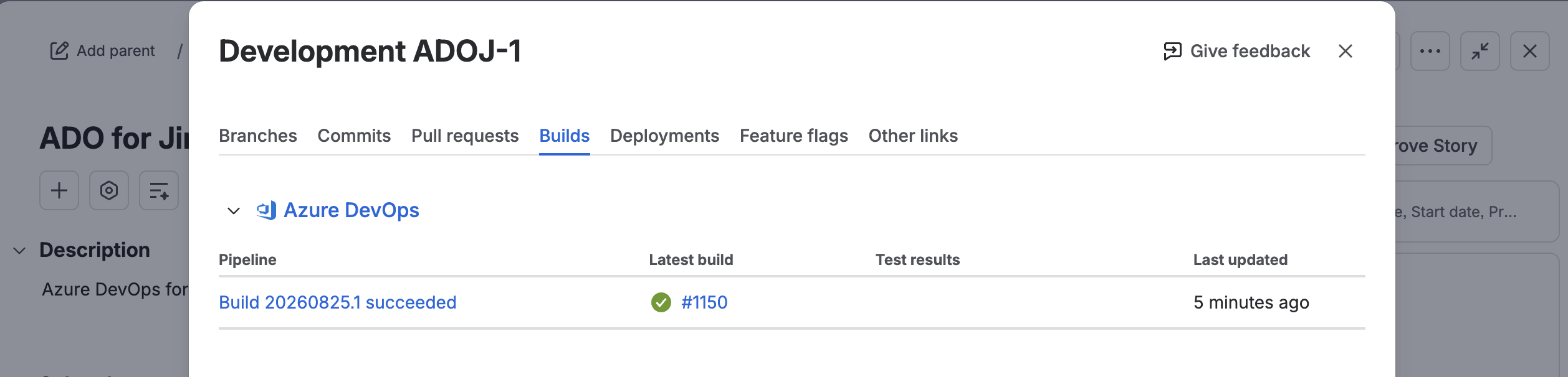 A build associated with a Jira work item through its Azure DevOps commits.