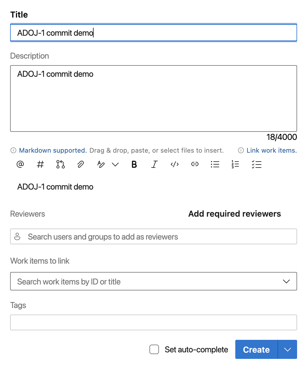 A Jira work item key included in an Azure DevOps pull request.