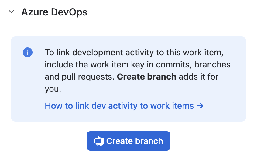 The Azure DevOps section on a Jira work item, with the Create branch button.