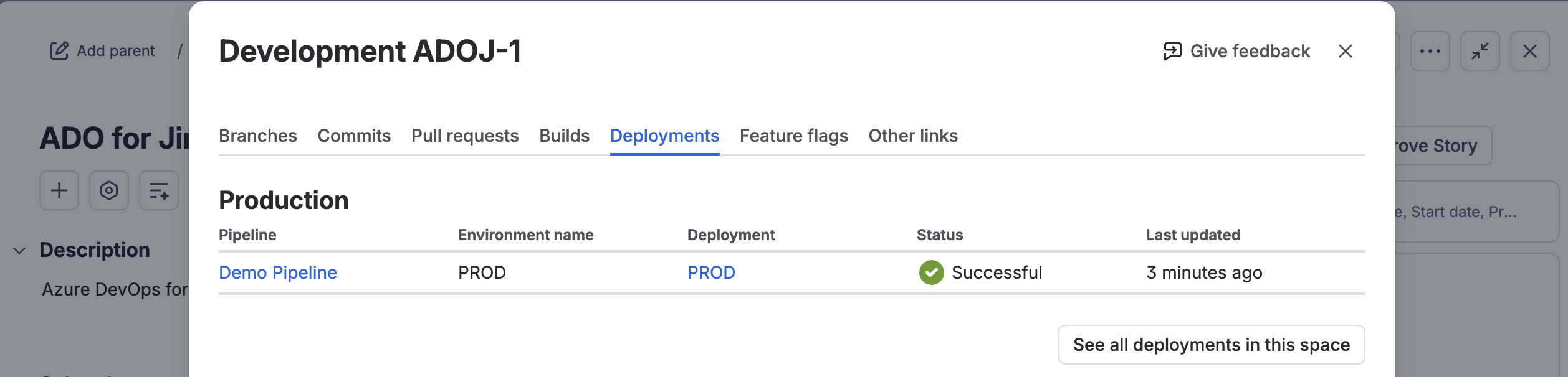 A deployment associated with a Jira work item.